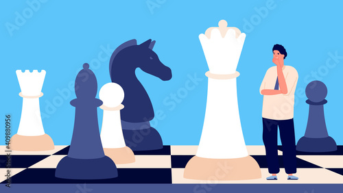 Business strategy metaphor. Thinking concept, people find decision. Frustrated man, strategic checkmate or next step plan utter vector concept. Business decision, find tactic for step illustration