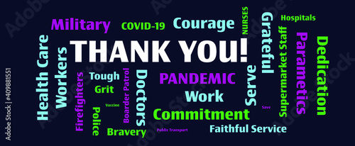 Thank you front line workers during COVID-19 pandemic word collage on blue panorama background.