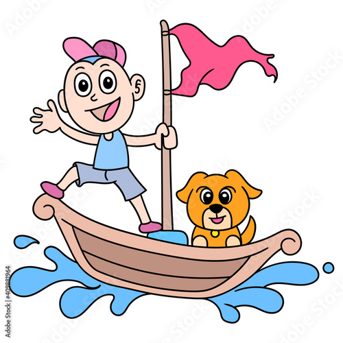 the boy and his pet dog have a sailing adventure, doodle icon image kawaii