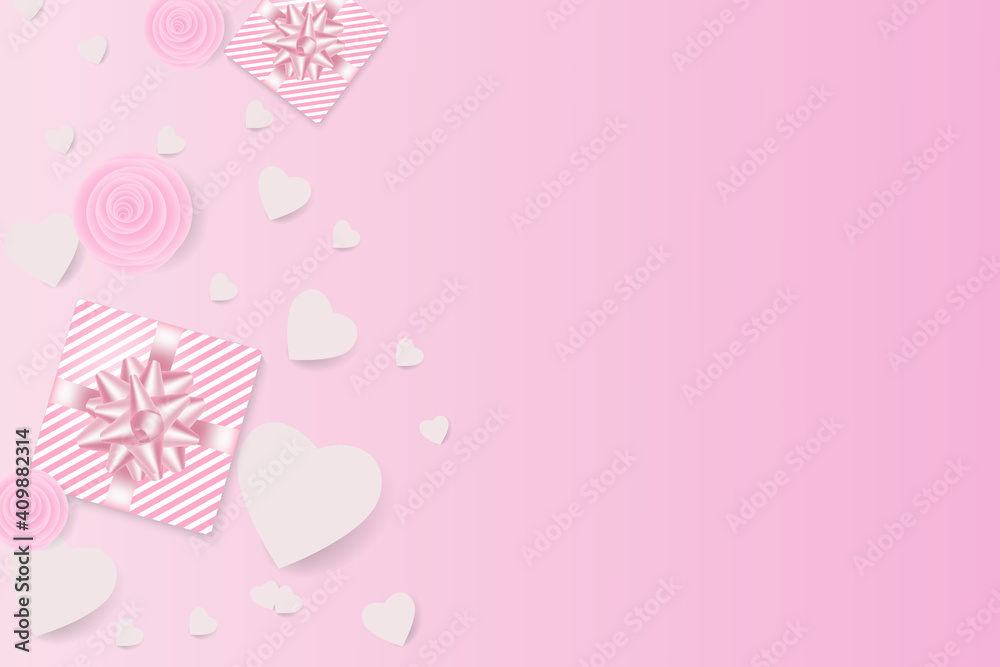 A background with a heart and a real composition for a fashionable banner, poster or greeting card.A festive composition of a gift box, hearts and flowers. Top view vector illustrations.