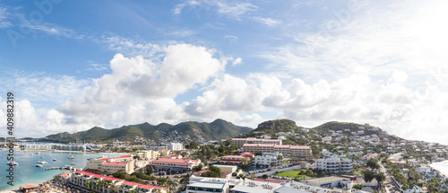 The caribbean island of St.Maarten landscape and Citiscape. Simpson Bay city located in the Caribbean island of St Maarten. 