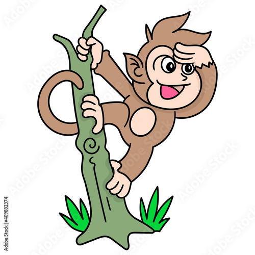 a monkey playing hanging on a tree, doodle icon image kawaii