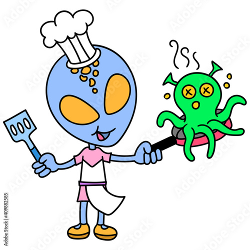 Aliens become chef cooking octopus squid, doodle icon image kawaii
