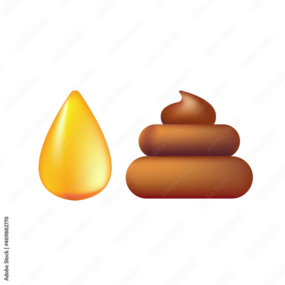 Vecteur Stock Cute orange urine pee drop and poop icons isolated on