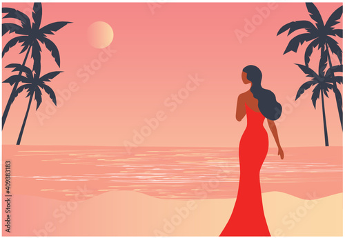 Beautiful woman on red dress looking at beach scene vector illustration.