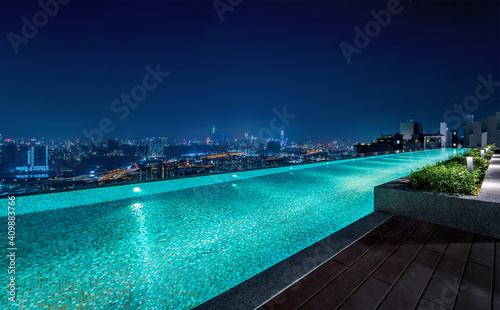 Kuala Lumpur. The City Of Malaysia. 13 November 2020. Luxury Condo at Desa Petaling.  Skylounge infinity pool on rooftop with beutiful cityscape night view.