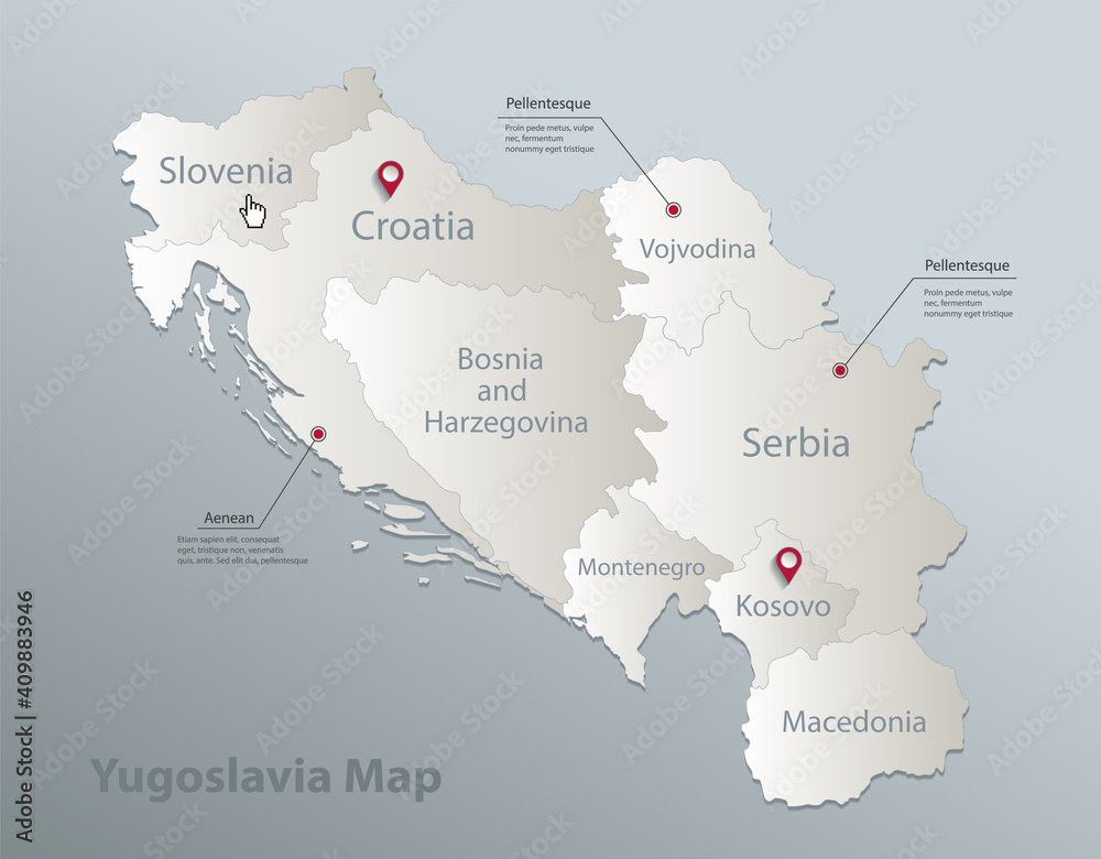 Yugoslavia map, administrative division with names, blue white card paper 3D vector