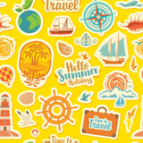 Seamless pattern on the theme of summer holidays, vacations and travel. Repeating vector background with stickers or magnets. Set of sea summer icons on a yellow backdrop in flat style