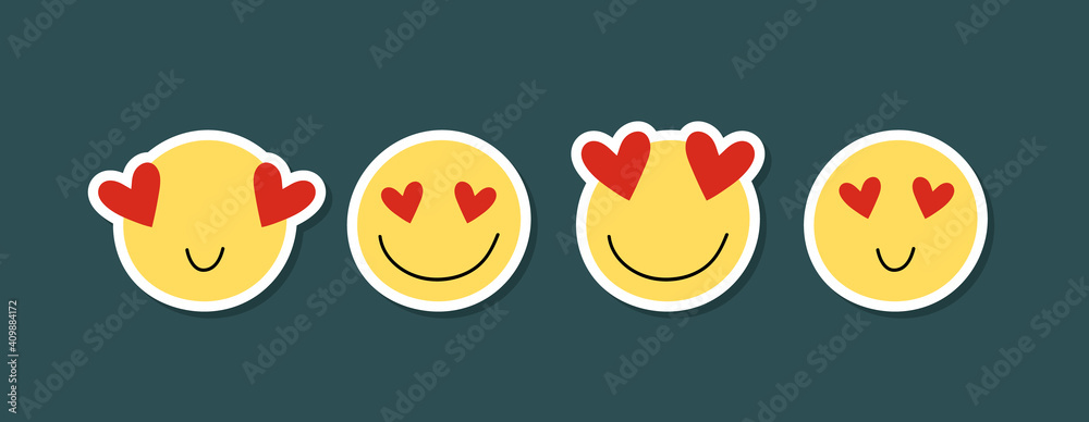 Love emoji stickers. Set of colorful hand drawn love emoticons.