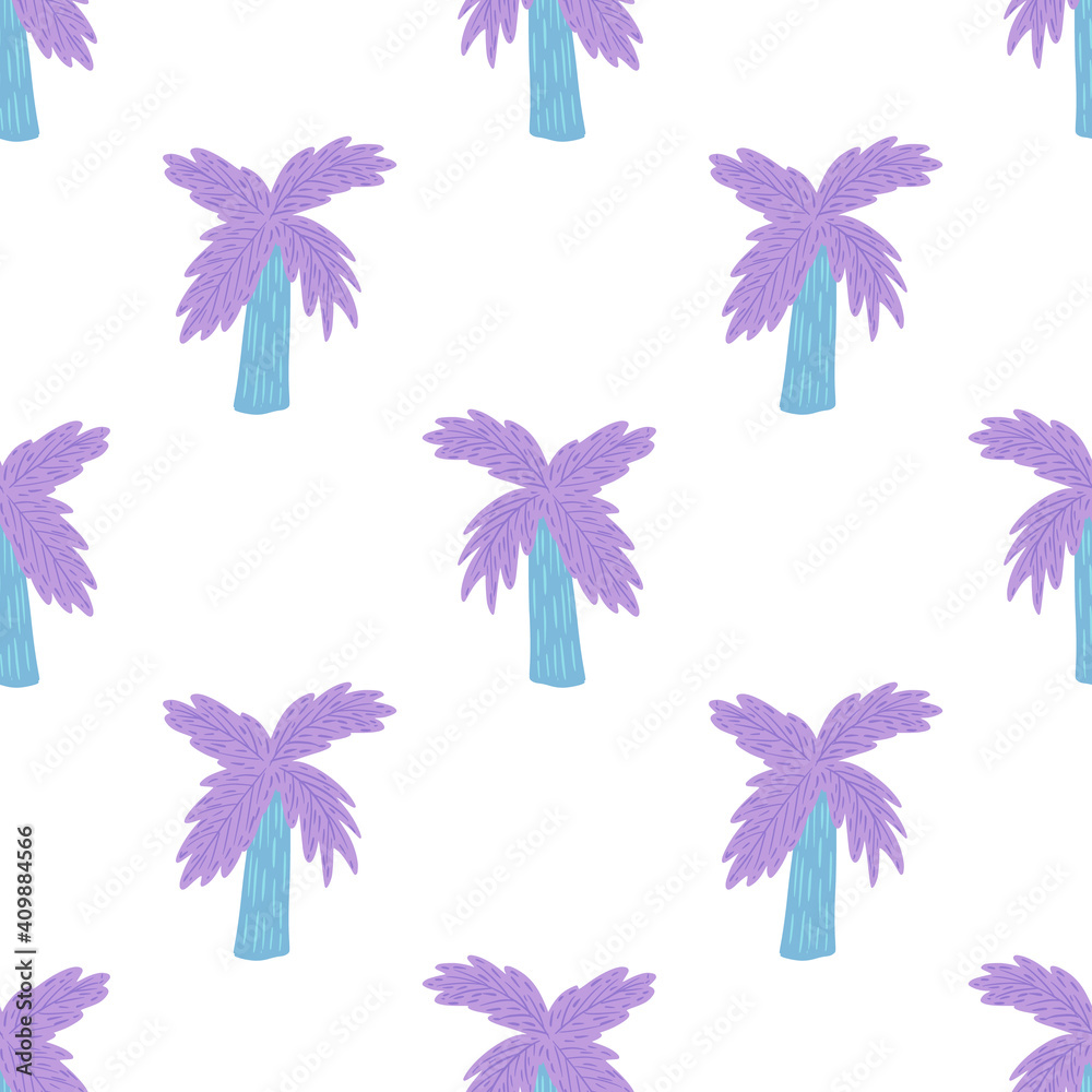 Isolated bright cartoon seamless pattern with simple purple palm tree silhouettes. White background.