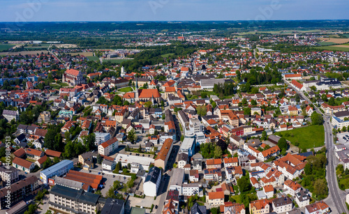 Aerial view of the city Altötting in Germany, Bavaria on a sunny spring day noon. 