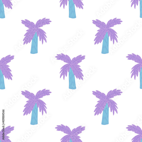 Isolated bright cartoon seamless pattern with simple purple palm tree silhouettes. White background. © Lidok_L
