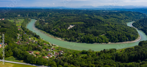Aerial view around the village Unterhadermark beside the river Salzach in Bavaria on a sunny spring day. 