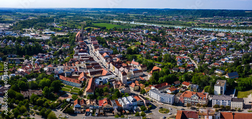Aerial view of the city Neuötting in Germany, Bavaria on a sunny spring day noon. 