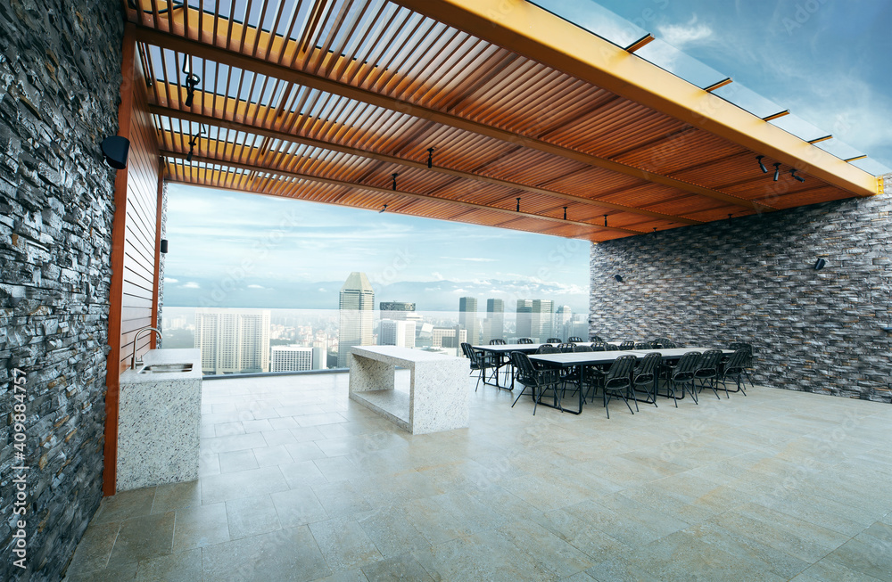 Modern sky lounge and kitchen on roof top and stunning cityscape view ...
