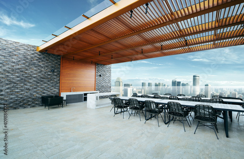 Modern sky lounge  and kitchen on roof top and stunning cityscape view. 3D rendering photo