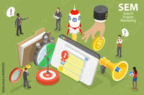 3D Isometric Flat Vector Conceptual Illustration of SEM - Search Engine Marketing.