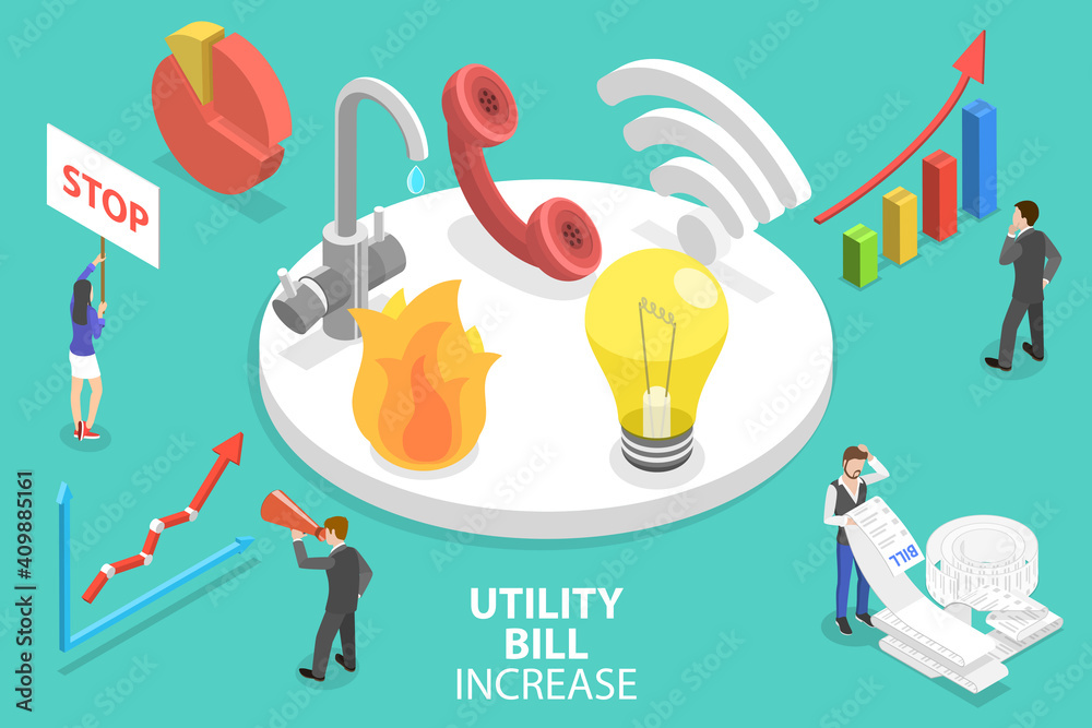 3D Isometric Flat Vector Conceptual Illustration of Utility Bill Increase.