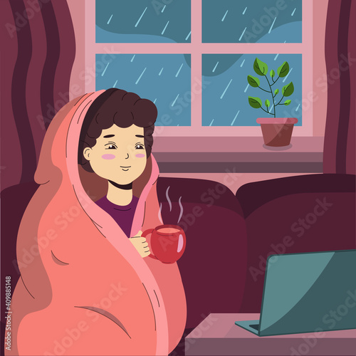 Young boy warming up with blanket and hold in hand cup of tea or coffee when it rains outside the window. Man sits on couch and looking on laptop some movie or news. Autumn vector illustration.