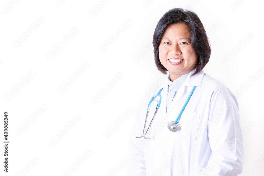 Female doctor smiling in white coat with stethoseope waist up concept, Madical woman doctor in uniform isolate white bachground. Female doctor smiling in white coat with stethoseope waist up concept, Madical woman doctor in uniform isolate white bachground.