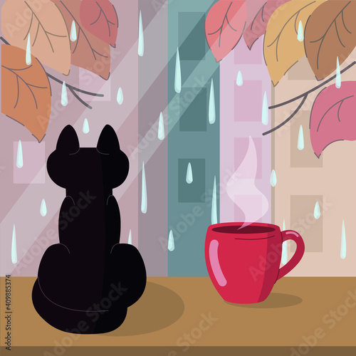 Black cat sits on the windowsill next to a hot cup of coffee/tea and looks at the rain outside the window. Autumn vector flat illustration.