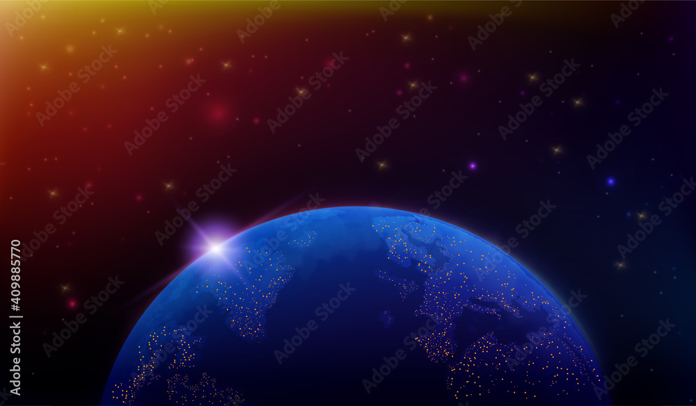 Fototapeta premium Map of the planet. World map. Global social network. Future. Vector. Violet and blue futuristic background with planet Earth. Internet and technology.