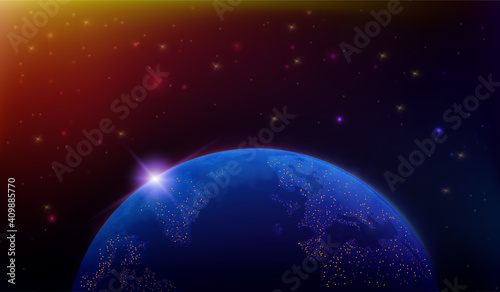 Map of the planet. World map. Global social network. Future. Vector. Violet and blue futuristic background with planet Earth. Internet and technology.