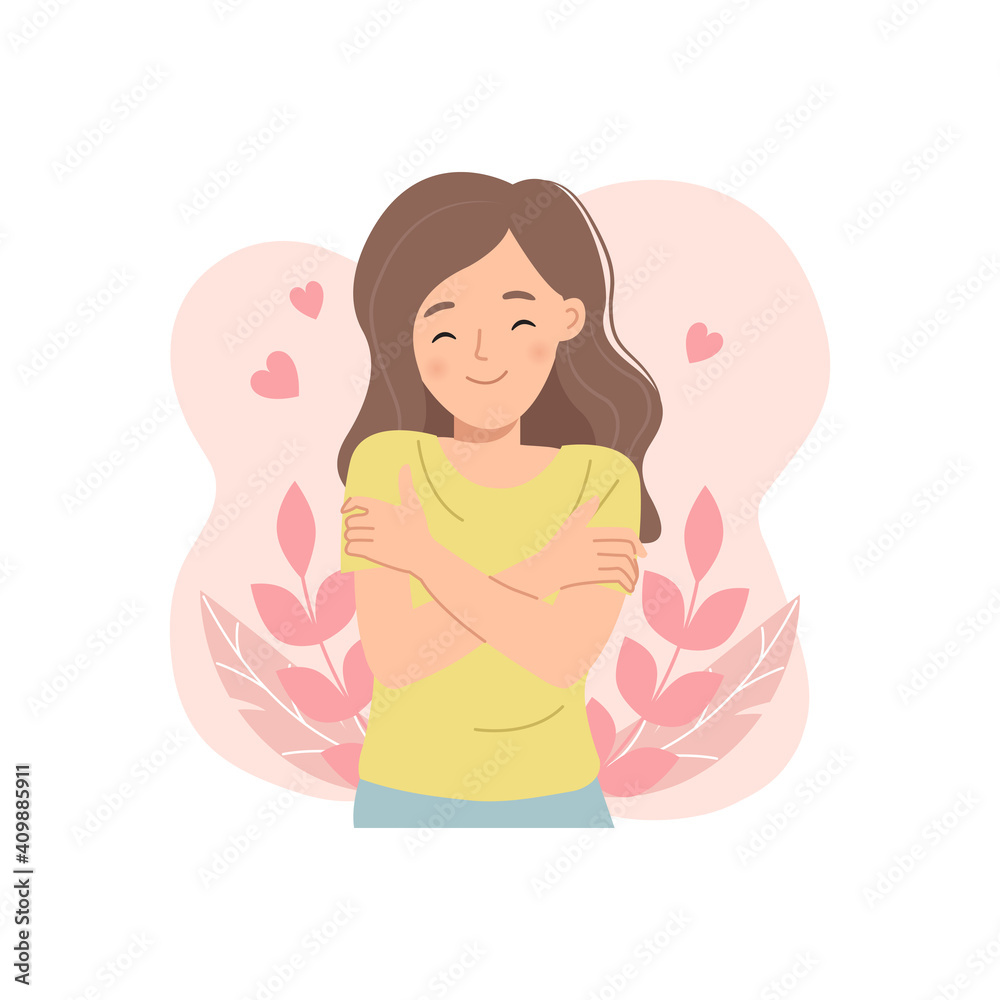 Young woman hug herself. Self love concept. High self esteem. Flat style cartoon vector. Young woman hug herself. Self love concept. High self esteem. Flat style cartoon vector.