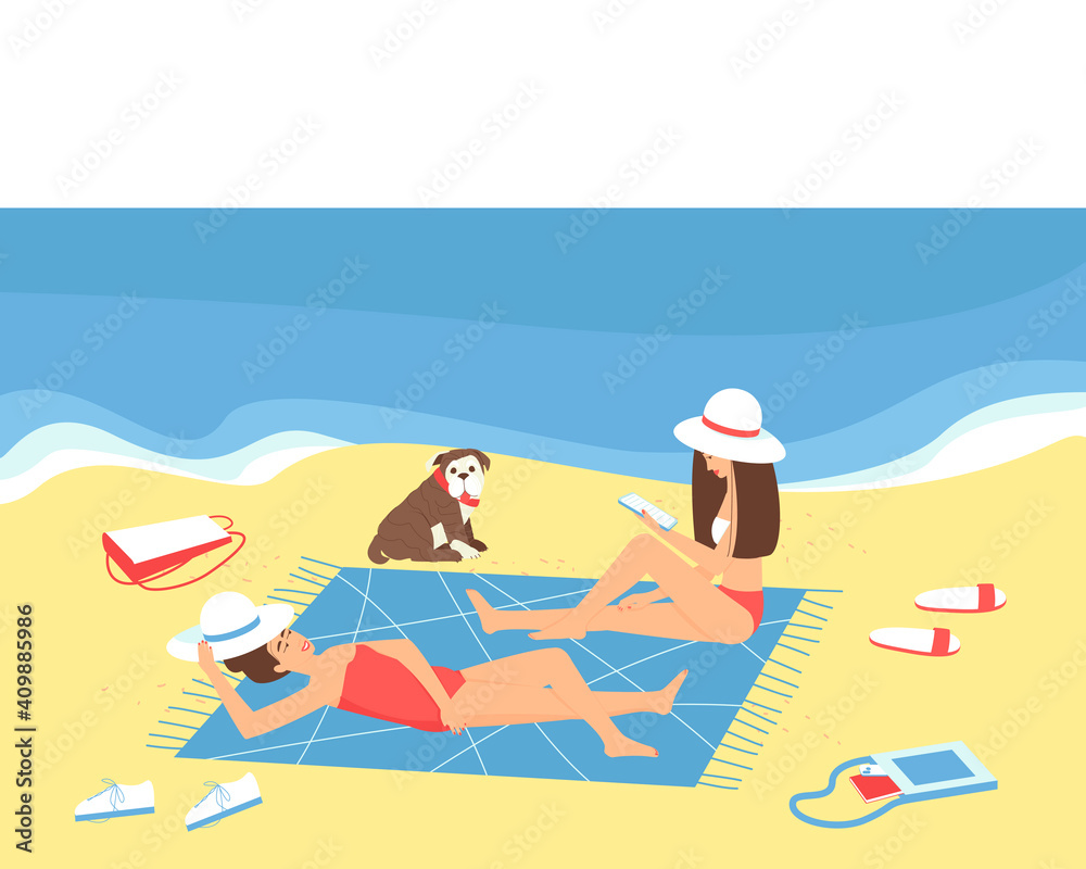 Mom and her adult daughter are relaxing on the beach by the sea. Girlfriends sunbathe by the sea. The girl sits and reads an e-book. Flat vector illustration.