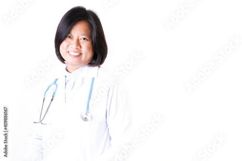 Female doctor smiling in white coat with stethoseope waist up concept, Madical woman doctor in uniform isolate white bachground.