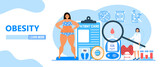 Obesity concept vector. Obsessive woman eats unhealthy food. Diabetes, atherosclerosis, hypertension, heart disease risk are complications in flat style. Fat girl is smiling.