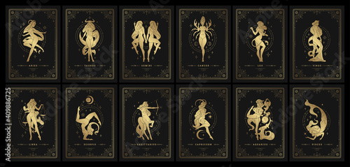 Zodiac womans horoscope signs linocut silhouettes design vector illustrations set