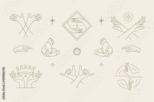 Female hands gestures collection of line art hand drawn style vector illustrations.