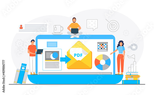 PDF converter from jpeg, word document concept. Screen with changing or converting process of document to another format. Flat vector illustration for app, website, banner