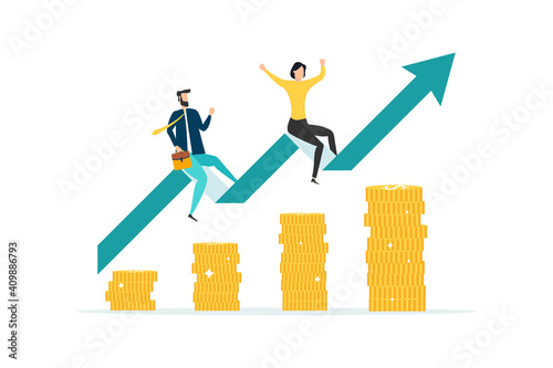 business illustration, direction on a successful path, overcoming obstacles on the way to success, high level of work. Two business people sit astride an upward arrow. Uptrend, vector