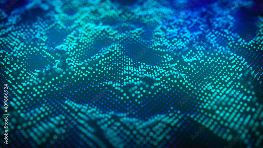 Futuristic illustration with explosion of data. Abstract background with glowing particles. Digital moving wave. 3d rendering.