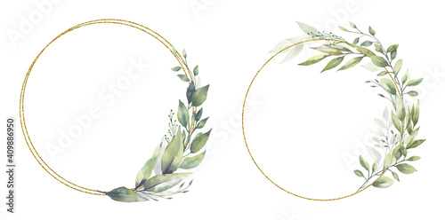 Watercolor floral illustration set - green leaf Frame collection, for wedding stationary, greetings, wallpapers, fashion, background. Eucalyptus, olive, green leaves, etc. High quality illustration
