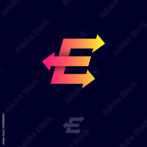 E letter. E monogram with arrows, isolated on a dark background. Logo can used for delivery and logistic company, mail and transportation.