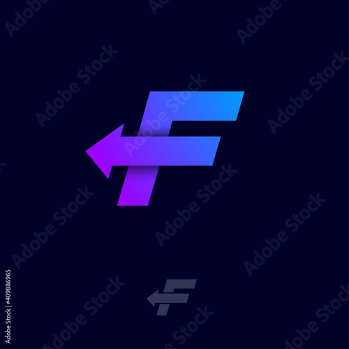 F letter. F monogram with arrow, isolated on a dark background. Logo can used for delivery and logistic company, mail and transportation.