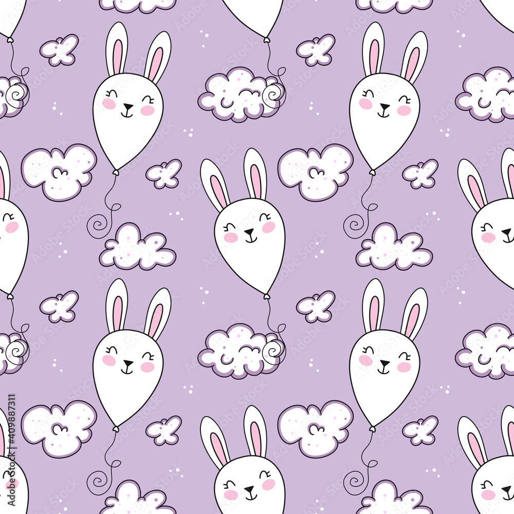 Seamless pattern with cute hand drawn bunny balloon flying in the sky between clouds. Funny vector background for kids room decor, nursery art, print, fabric, wallpaper, wrapping paper, textile, gift.