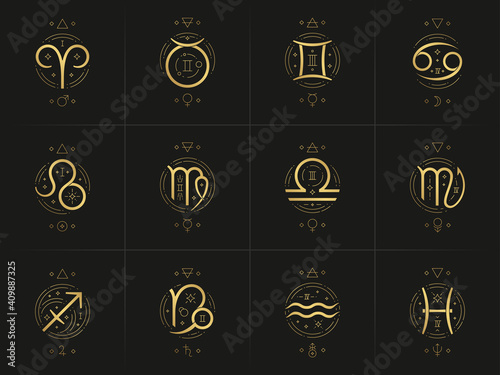 Zodiac astrology horoscope glyphs linocut silhouettes design vector illustrations set photo