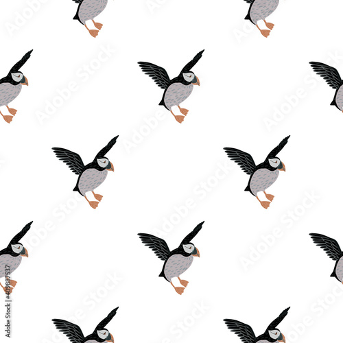 Isolated seamless cartoon pattern in kids style with grey and black colored puffin birds ornament.
