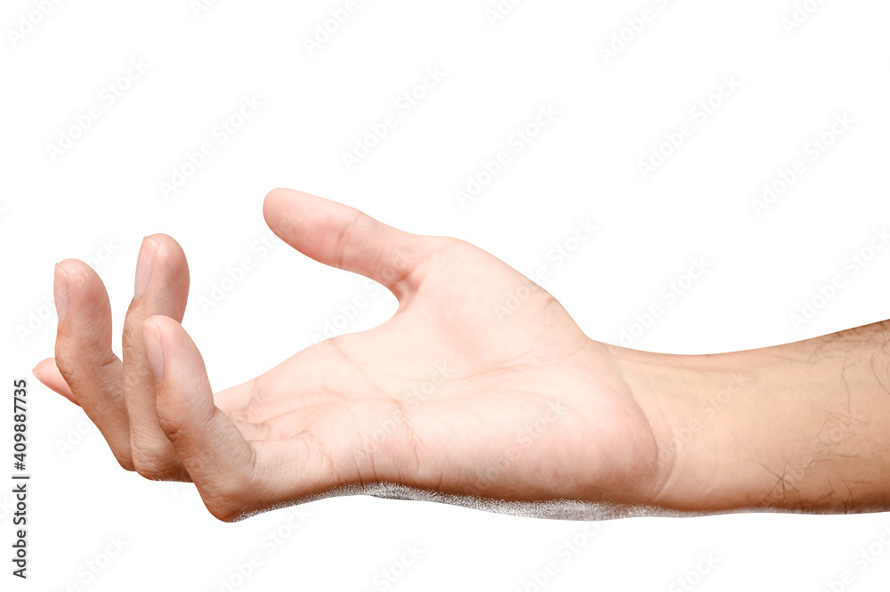 Male caucasian hand reach and ready to help or receive. Gesture isolated on white background. Male caucasian hand reach and ready to help or receive. Gesture isolated on white background.
