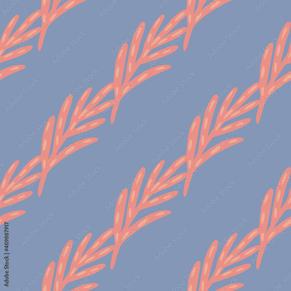 Fototapeta premium Diagonal geometric seamless pattern with botanic pink simple leaf branches. Blue pastel background.