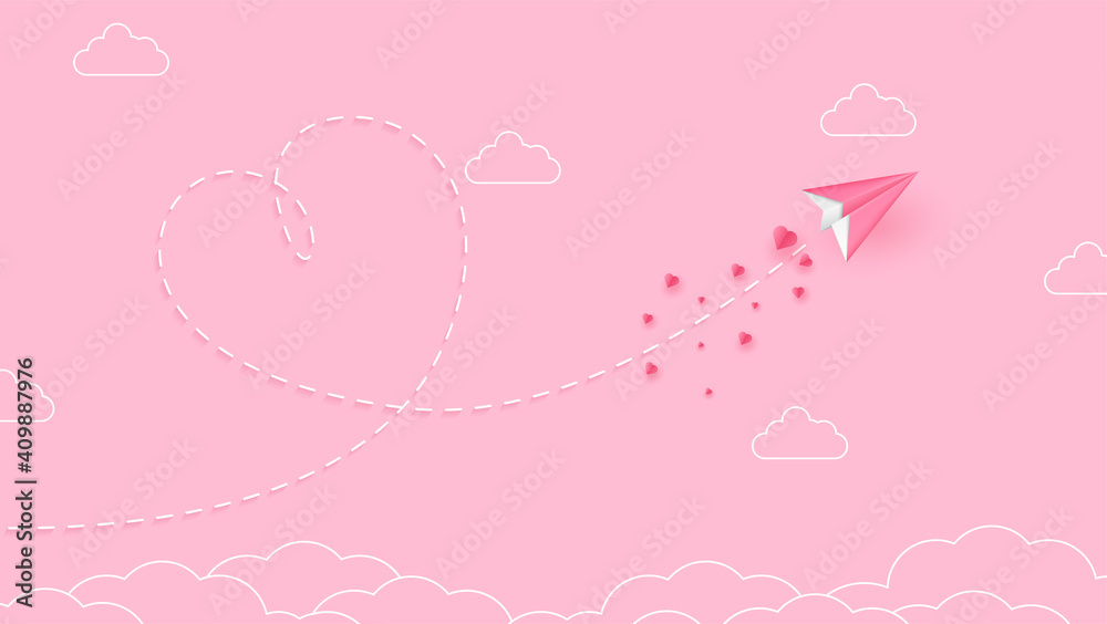Concept of valentine day with paper plane flying on the sky , Paper art. Line art. Vector illustration. 