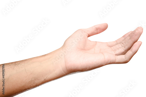 Male caucasian hand reach and ready to help or receive. Gesture isolated on white background.