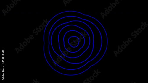 Blue graphic object, placed in the center that duplicates and expands in concentric waves, while it rotates clockwise and increases the size, then continues with the generated effect.