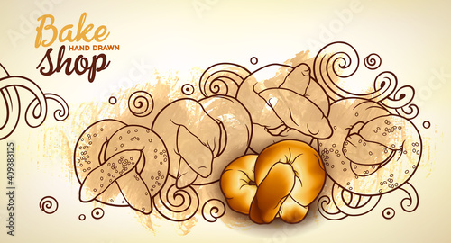 Buns and pastries hand drawn vector doodle colorful illustration