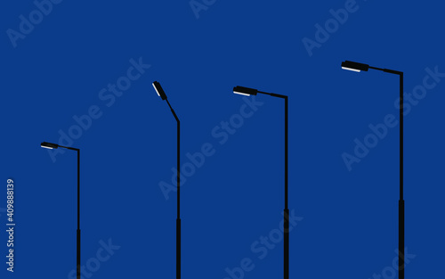 blue sky background, street lamps with the light spots, one lamp turned up vector illustration