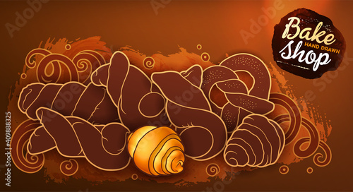 Buns and pastries hand drawn vector doodle colorful illustration.